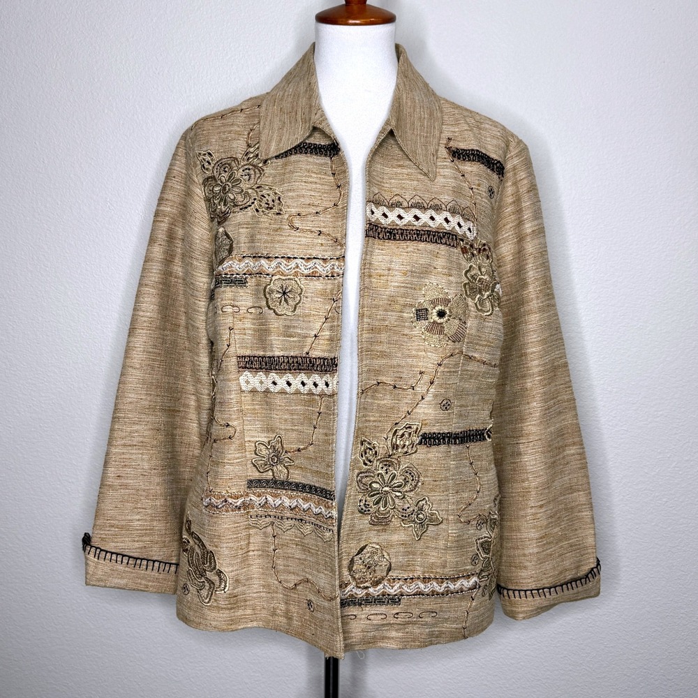 COLDWATER‎ CREEK Art To Wear Blazer MED Embroidered Linen Blend Earthtones
